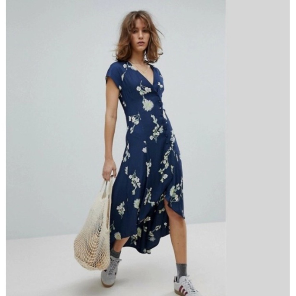 Free People Navy Floral Herringbone Wrap Midi Dress Womens Size M High Low Boho